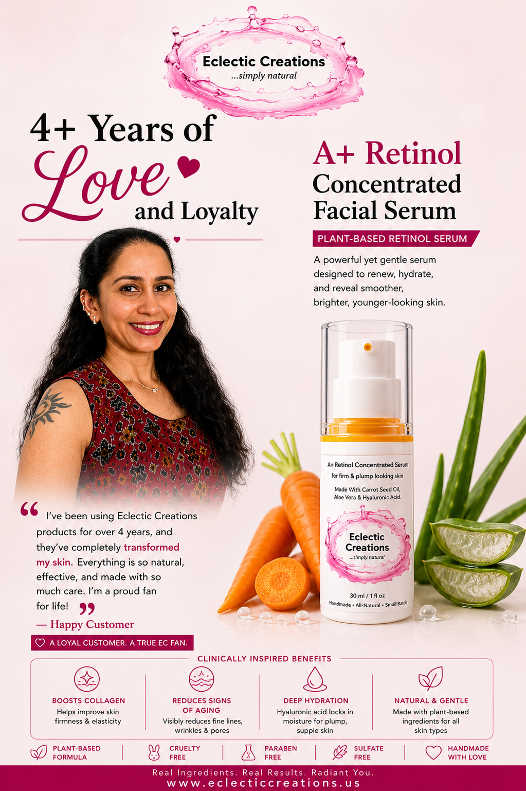 A+ Retinol Concentrated Facial Serum 1oz- Plant-Based Retinol Serum with Carrot Seed, Aloe & HA